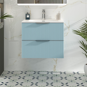 Evora 600mm Powder Blue Fluted Wall Hung Vanity Unit 2 Drawer with Ceramic Basin