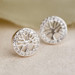 Tempest Wald Silver CZ Round Tree Of Life Stud Earrings