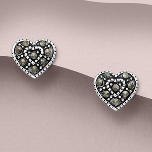 Signature Silver Marcasite Oxidised Heart Stud Earrings