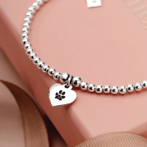 Silver Cute Charm Heart Paw Print Engraving Bracelet
