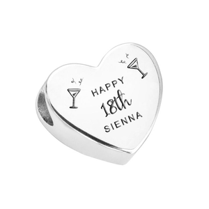 Signature Silver Happy 18th Name & Cocktails Heart Charm