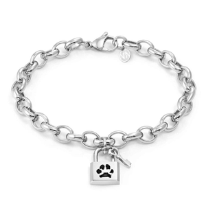 Stainless Steel Padlock & Key Paw Print Engraving Bracelet