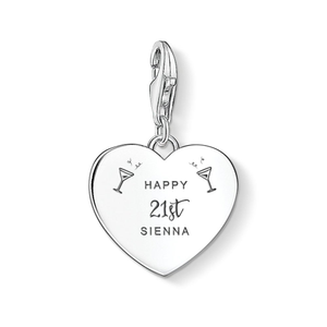 Classic Silver Happy 21st Name & Cocktails Heart Charm