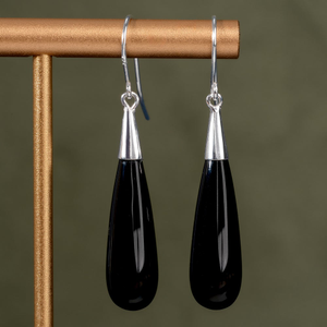 Signature Silver Long Onyx Drop Earrings