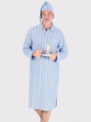 Blue & Green Stripe Flannel Nightshirt with Night Cap