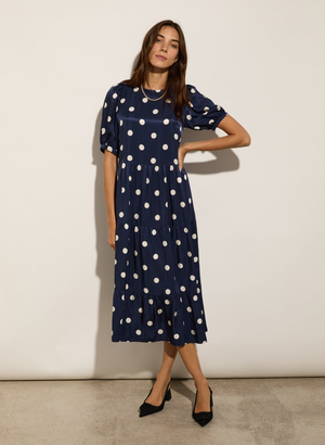 Manon Satin Dress - UK 10 | EU 38 | US 06 / Navy Big Polka