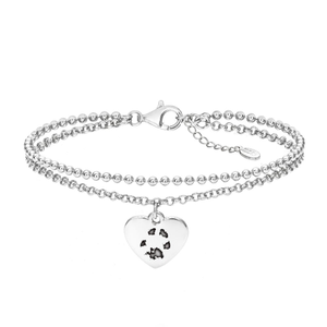 Signature Silver Double Chain Heart Paw Print Engraving Bracelet