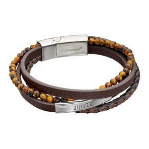 Brown Leather & Tiger's Eye Beads ID Bar Bracelet