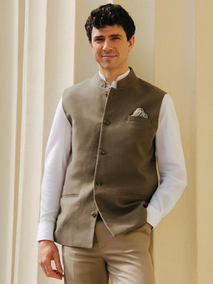 Loden Green Nehru Collar Moleskin Gilet