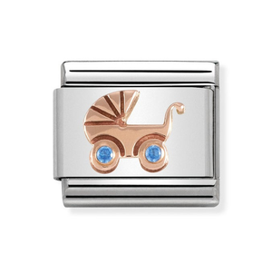 Classic Rose Gold & Blue CZ Baby Pram Charm