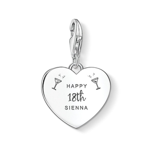 Classic Silver Happy 18th Name & Cocktails Heart Charm