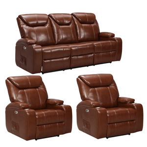 Cinema Tan Electric Leather 3+1+1 Seater Recliner Sofa Set