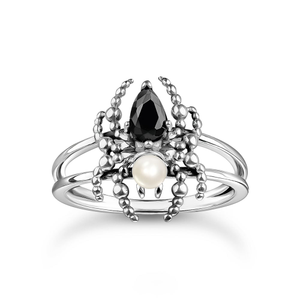 Silver Pearl & Black Zirconia Spider Ring