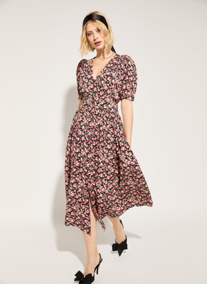 Holly V-Neck Waisted Midi Dress - UK 14 | EU 40 | US 10 / Black Rose Floral