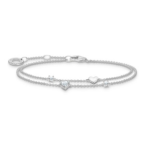 Silver Hearts & Stones Double Row Bracelet