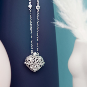 Portrait Lockets Silver Vintage Style CZ Heart Locket Necklace