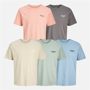 JACK & JONES Mens Jeff Orion Five Pack T-Shirts Moonbeam/Castlerock/Mountain Spring/Coral Almond/Iceberg Green