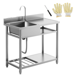 HOMCOM Outdoor Stainless Steel Kitchen Sink, Freestanding Sink Single Bowl with Cold and Hot Water Pipe and Storage Shelves