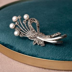 Signature Silver Marcasite & Pearl Ribbon Brooch