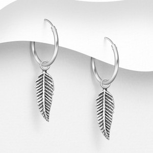 Signature Silver Feather Drop Hoop Earrings