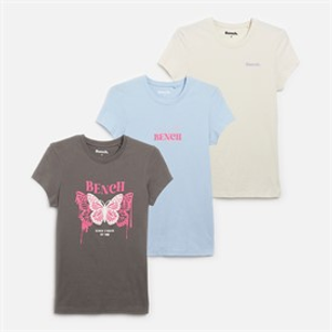 Bench Womens Carlotte Three Pack Graphic T-Shirts Light Sky/Charcoal/Off White