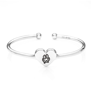 Signature Silver Heart Paw Print Engraving Torque Bangle