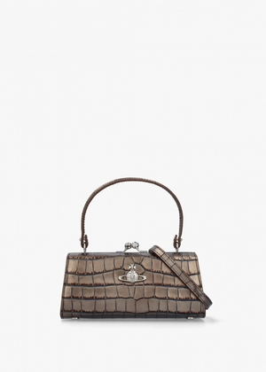 Extra Large Doll Frame Embossed Croc Brown Leather Purse Bag