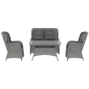 Outsunny Garden PE Rattan Dining Sofa Set, Outdoor 4 Seater Wicker Furniture, High Back Chairs with Cushions, Tempered Glass Coffee Table for Patio, Light Grey