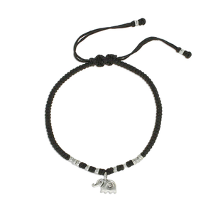 Signature Silver Elephant Black Waxed Cotton Bracelet