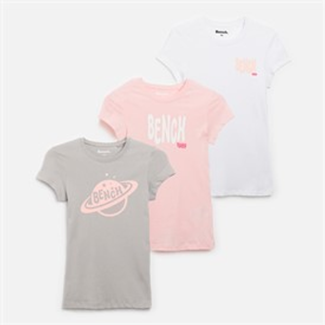 Bench Womens Lolah Three Pack Graphic T-Shirts Pink/Silver Grey/White