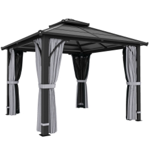 Outsunny 3 x 3(m) Hardtop Gazebo Canopy with 7mm Polycarbonate Double-Tier Roof, Garden Gazebo Permanent Pavilion with Mosquito Netting and Curtains for Patio, Terrace, Dark Grey