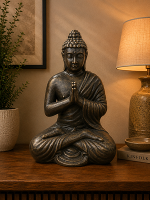 Joy Buddha Statue Black Gold Cement Fibre