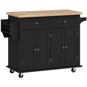 HOMCOM Rolling Kitchen Island Storage Trolley with Rubber Wood Top & Drawers for Dining Room, Black
