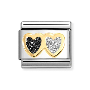 Classic Gold Glitter Black & Silver Double Heart Charm