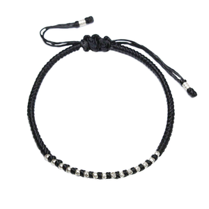 Signature Silver Bead Black Waxed Cotton Bracelet