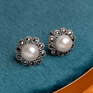 Signature Silver Marcasite & Pearl Flower Stud Earrings