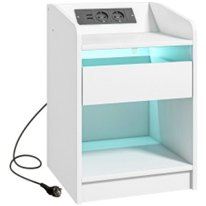 HOMCOM Mesilla de Noche con Luces LED Cajón Estante Estación de Carga Puertos USB y Control Remoto 40x40x58 cm Blanco