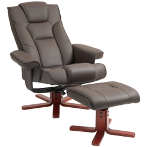 HOMCOM Sillón Reclinable con Reposapiés Tapizado en PU y Estructura de Madera Carga 150 kg Butaca para Dormitorio Marrón