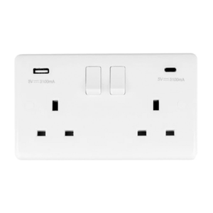 Eurolite PL4620C Enhance White Plastic 2 Gang 13A 1x USB-A 1x USB-C 3.1A Switched Socket