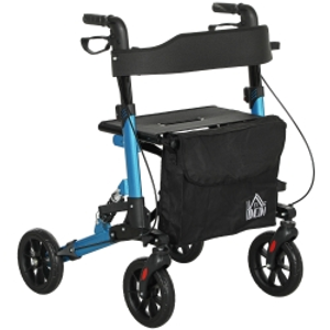 HOMCOM Folding Rollator Walker with Seat, Backrest, Lightweight Walking Frame with Storage Bag, Dual Brakes, Adjustable Handle Height, Suspension System, 4 Wheeled Walker for Seniors, Blue