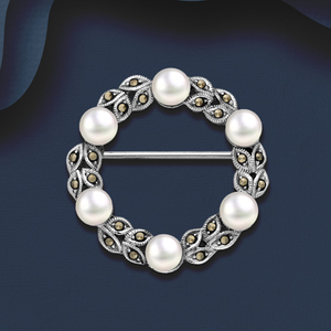 Signature Silver Marcasite & Pearl Wreath Brooch
