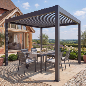 Maze - Jupiter 3m x 3m Aluminium Pergola Frame & Manual Operated Galvanised Steel Roof Louvres - Grey