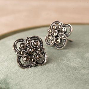Signature Silver Marcasite Clover Stud Earrings
