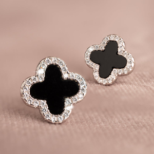 Signature Silver Onyx & CZ Clover Stud Earrings