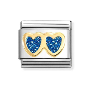 Classic Gold Glitter Blue Double Heart Charm