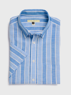 Blue Cotton & Linen Short Sleeve Stripe Shirt