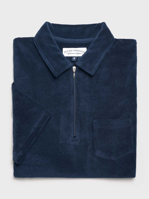 Navy Zip Neck Cotton Towelling Polo Shirt