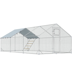 PawHut Gallinero Metálico de Exterior de 3x6m con Percha Multiusos Comedero Colgante Tipo Brocheta y Lona Protectora Resistente