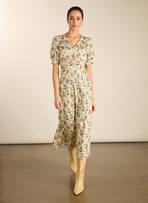 Lottie Satin Midi Tea Dress - UK 14 | EU 40 | US 10 / Butter Floral