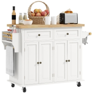 HOMCOM Rolling Kitchen Island Storage Trolley with Rubber Wood Top & Drawers for Dining Room, Cream White
